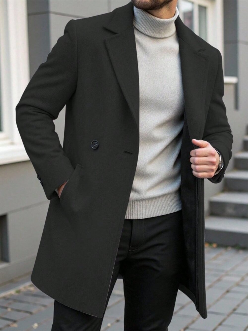 Black Casual Men's Double Breasted Long Sleeve Overcoat